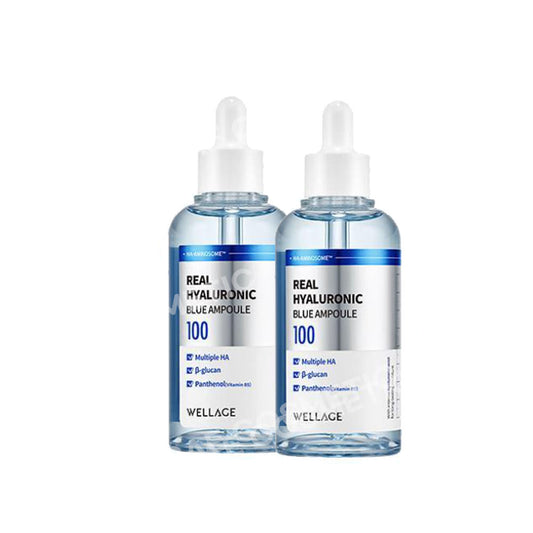 Wellage Real Hyaluronic Blue 100 Ampoule 75ml x 2 | Deep Hydrating Facial Serum for All Skin Types