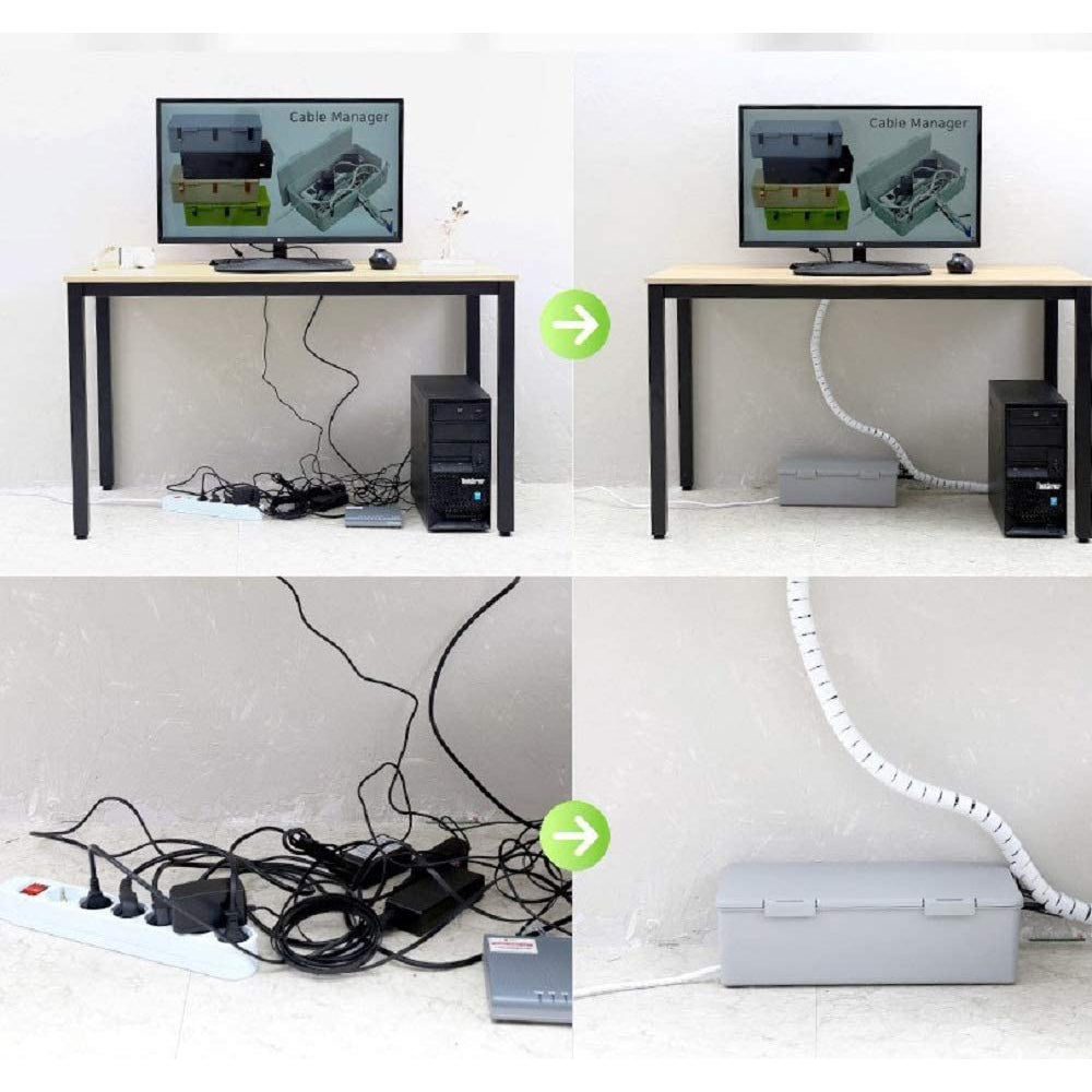 CableBox Cable Management Box Hide and Conceal Power Strips and Electrical Cords Cord Organizer Multi-tabs Wires Adapters Routers Neat Storage Box (Large Grey)